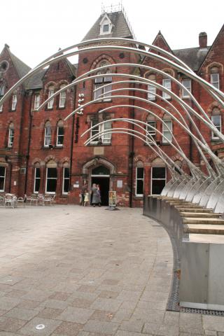 Darlington Arts Centre, entrance plaza and sculpture by Angela Connor
